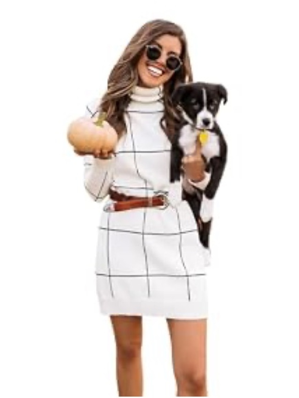 NWT (chic wish)Windowpane Turtleneck Sweater Dress in White (belt not included)